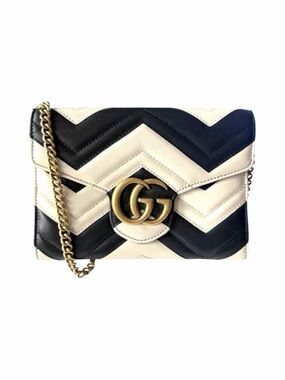 Gucci Marmont WOC Black White Chevron Matelassé GG Chain Wallet